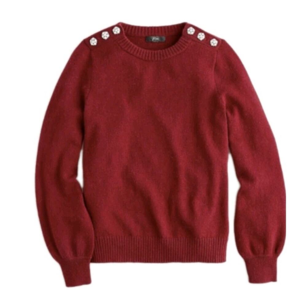 J Crew Jeweled Burgundy Sweater Women Xs Rhinestone Buttons Fitted AE990 Wool